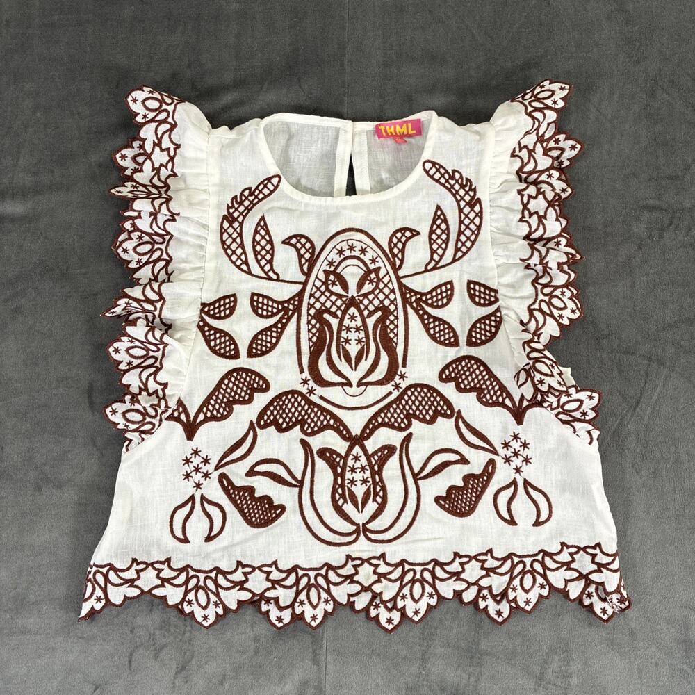 Anthropology THML Gardenia Top White Brown Embroidered Scallop Hem Flutter XS